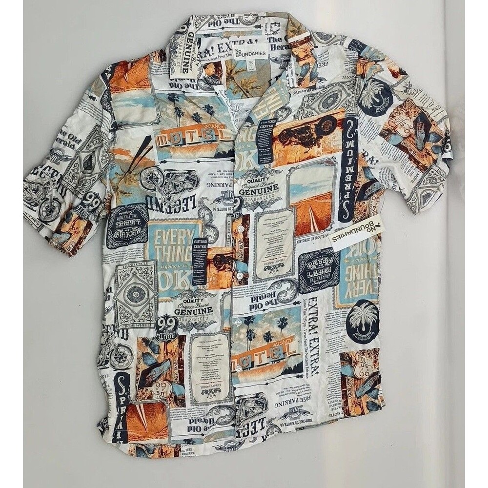 New No Boundaries Rayon Shirt Newspaper Size Sm 34-36